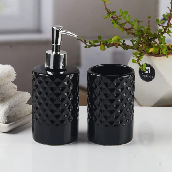 Kookee-Ceramic-Bathroom-Set-–-Stylish-2-Piece-Bath-Accessories-Kit-with-Soap-Dispenser-Toothbrush-Holder-–-Modern-Designer-Decor-for-Home-Guest-Bathrooms-Black-11118.jpg Kookee Ceramic Bathroom Set – Stylish 2 Piece Bath Accessories Kit with Soap Dispenser, Toothbrush Holder – Modern & Designer Decor for Home & Guest Bathrooms, Black (11118)