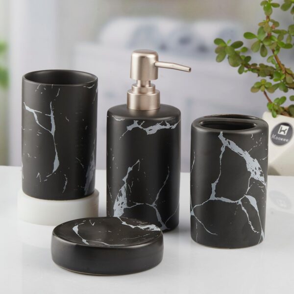 Kookee Ceramic Bathroom Set – Stylish 4 Piece Bath Accessories Kit with Soap Dispenser, Toothbrush Holder, Tumbler & Soap Dish – Modern & Designer Decor for Home & Guest Bathrooms, Black (10425)