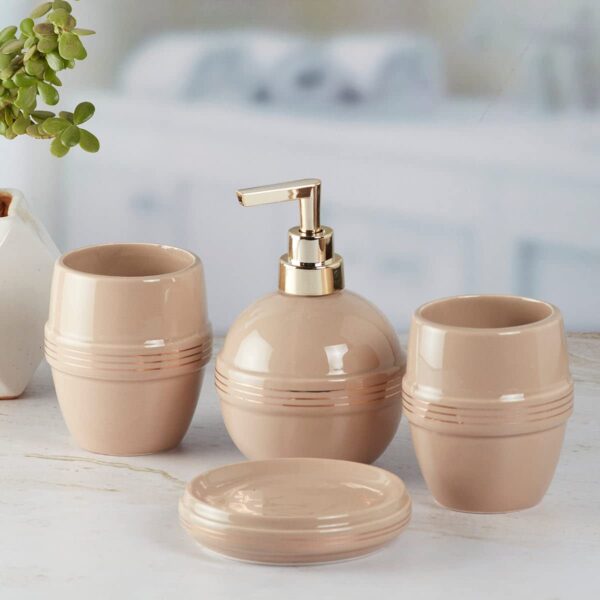 Kookee Ceramic Bathroom Set – Stylish 4 Piece Bath Accessories Kit with Soap Dispenser, Toothbrush Holder, Tumbler & Soap Dish – Modern & Designer Decor for Home & Guest Bathrooms, Light Brown (5758)