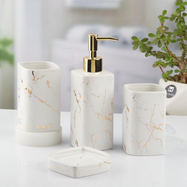 Kookee-Ceramic-Bathroom-Set-–-Stylish-4-Piece-Bath-Accessories-Kit-with-Soap-Dispenser-Toothbrush-Holder-Tumbler-Soap-Dish-–-Modern-Designer-Decor-for-Home-Guest-Bathrooms-White-10398.jpg Kookee Ceramic Bathroom Set – Stylish 4 Piece Bath Accessories Kit with Soap Dispenser, Toothbrush Holder, Tumbler & Soap Dish – Modern & Designer Decor for Home & Guest Bathrooms, White (10398)