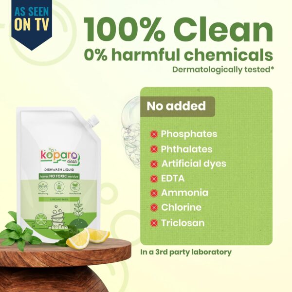 Koparo Organic Dishwash Liquid | 2 Litres Refill Pack | Powerful Grease Cutting Dishwasher Liquid | Thick Foam Liquid Dishwash for Kitchen Utensils | Baby & Pet Safe | Lime & Basil Fragrance