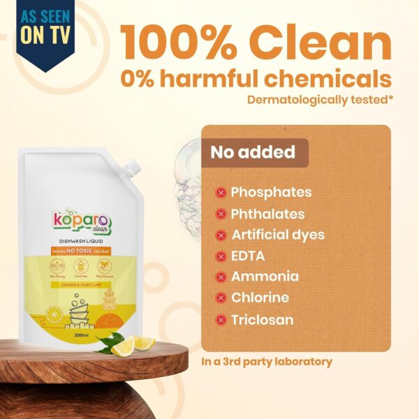 Koparo Organic Dishwash Liquid | 2 Litres Refill Pack | Powerful Grease Cutting Dishwasher Liquid | Thick Foam Liquid Dishwash for Kitchen Utensils | Baby & Pet Safe | Orange & Sweet Lime Fragrance