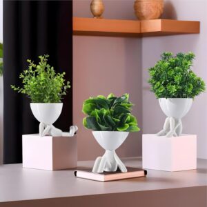 Kuber Industries 3 Pcs Set Plastic Mini Artificial Plants with Kuber Industries 3 Pcs Set Plastic Mini Artificial Plants with Pot | Table Top & TV Unit Decorative Items for Living Room | Faux Plants for Home Decor & Office Desk | Man Shape - White