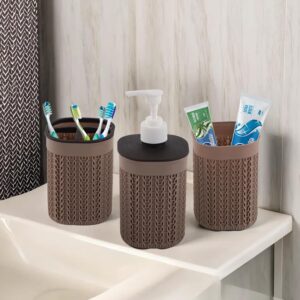 Kuber Industries Plastic Bathroom Accessories Set of 3 | Toothbrush Kuber Industries Plastic Bathroom Accessories Set of 3 | Toothbrush Stand for Bathroom | Handwash Dispenser Bottle for Kitchen | Brush Holder for Wash Basin | Mouth Wash Tumbler Organiser | Brown