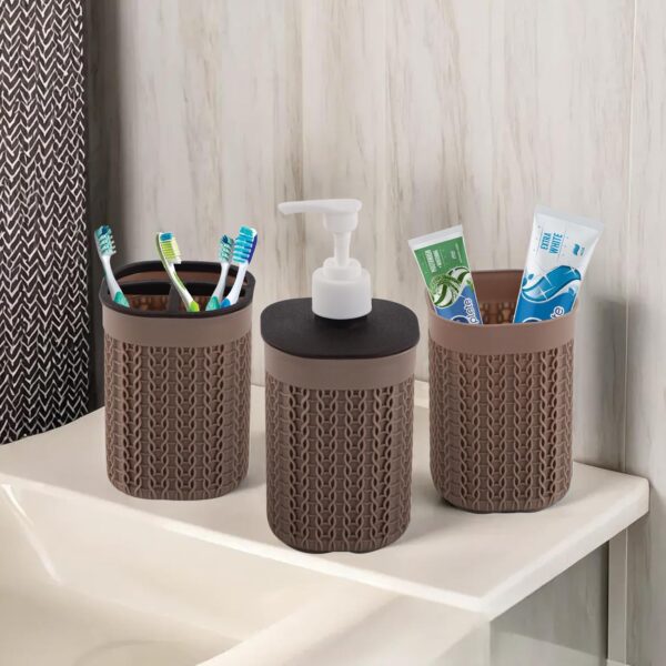 Kuber Industries Plastic Bathroom Accessories Set of 3 | Toothbrush Stand for Bathroom | Handwash Dispenser Bottle for Kitchen | Brush Holder for Wash Basin | Mouth Wash Tumbler Organiser | Brown