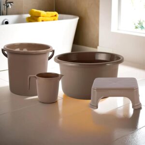 Kuber Industries Set of 4 Bathroom Combo Set | Bathing Kuber Industries Set of 4 Bathroom Combo Set | Bathing Set | Bathware Set | Tub-Bucket-Mug & Stool Combo Set for Bathroom | Modern Bathroom Accessories Set | Brown