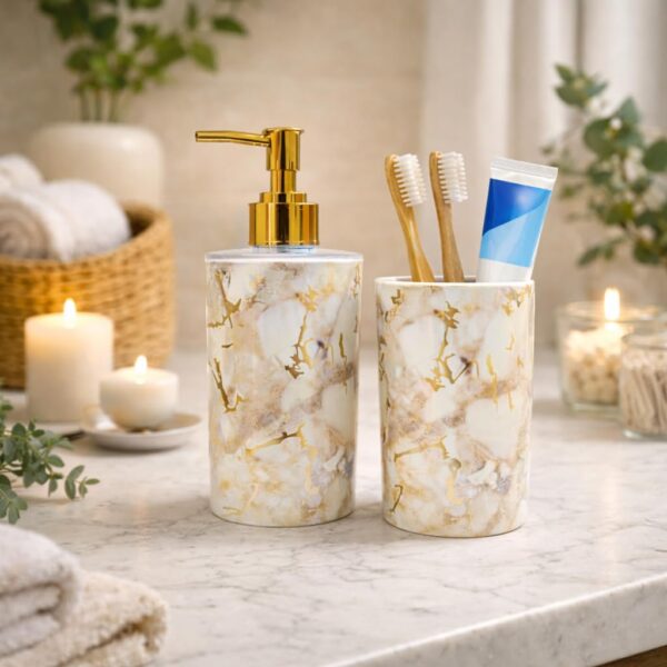 LAGET® Bathroom Accessories Set for Utility and Toothbrush Holder Bathroom Decor | Handwash Liquid Soap Dispenser Pump for Bathroom, Kitchen, Wash Basin, Sink (Cream Stone)
