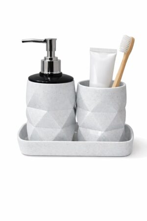 LAGET® Bathroom Accessories Set with Tray | Soap Dispenser Pump LAGET® Bathroom Accessories Set with Tray | Soap Dispenser Pump & Toothbrush Holder Combo | Modern Plastic Bathroom Set for Wash Basin, Sink & Countertop (White)