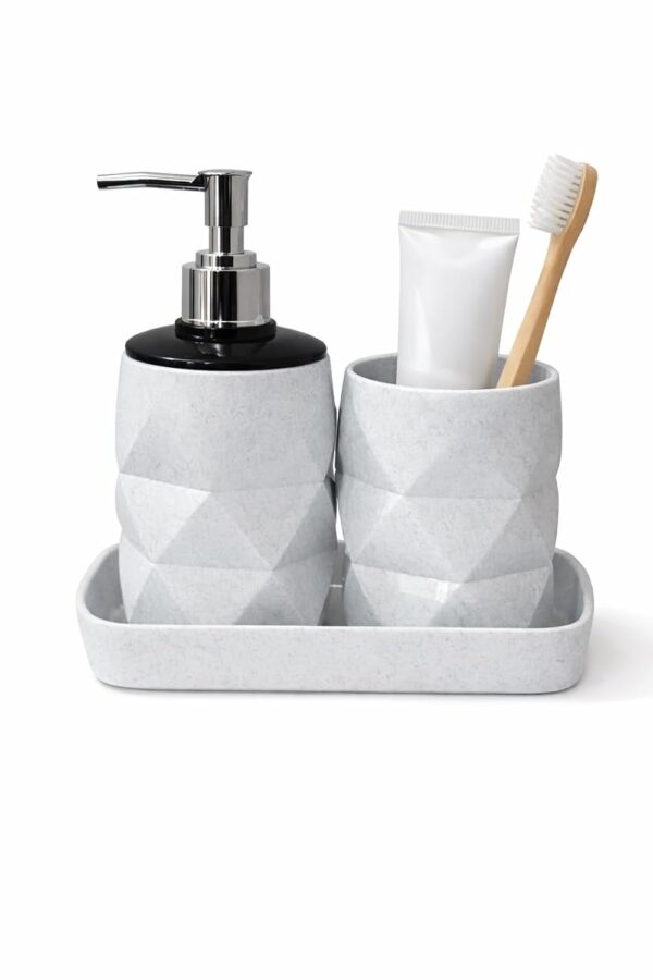LAGET® Bathroom Accessories Set with Tray | Soap Dispenser Pump LAGET® Bathroom Accessories Set with Tray | Soap Dispenser Pump & Toothbrush Holder Combo | Modern Plastic Bathroom Set for Wash Basin, Sink & Countertop (White)