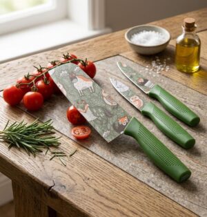 LESLEE Kitchen Knife Set, 3-Piece, High Carbon Stainless Steel, Chef LESLEE Kitchen Knife Set, 3-Piece, High Carbon Stainless Steel, Chef Utility Santoku Knives with Ergonomic (Green)