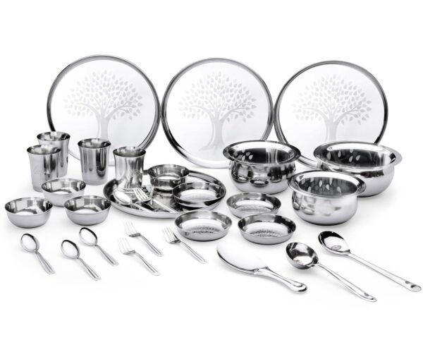 Limetro Steel Stainless Steel Dinner Set for 4 Persons | Limetro Steel Stainless Steel Dinner Set for 4 Persons | Complete Indian Thali Set with Plates, Bowls/Katori, Glass, Spoon & Fork | Tree Design Steel Dinnerware for Home (Set of 33- Serves 4)