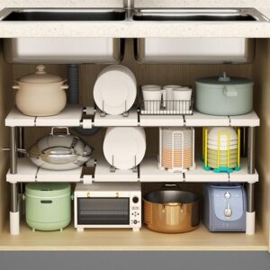 Luteti Under Sink Kitchen Rack, Under Sink Organizer,Under Sink Storage Rack,2 Tier Expandable Cabinet Shelf Organizer Rack with Removable Panels for Kitchen Bathroom Storage