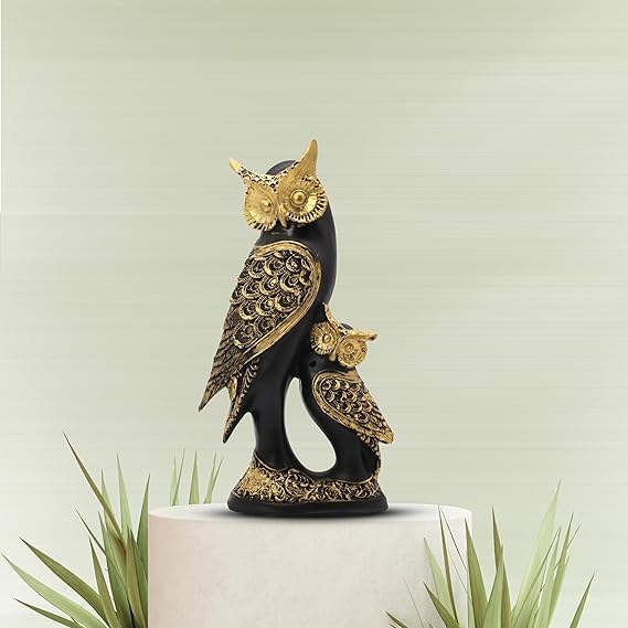 Luvkush Enterprise Owl Family Statue, Black and Gold Finish,Handmade Animal Figurines for Home Decor, Resin Showpiece for Living Room