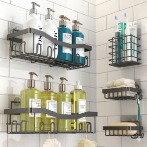 Luxury Bathroom Shelf Organizer - 5 Pack Set Rustproof Stainless Luxury Bathroom Shelf Organizer - 5 Pack Set Rustproof Stainless Steel Shower Caddy, No-Drilling Adhesive Wall Mounted Storage Rack for Kitchen & Bathroom, Multi-Purpose Shampoo & Soap Holder