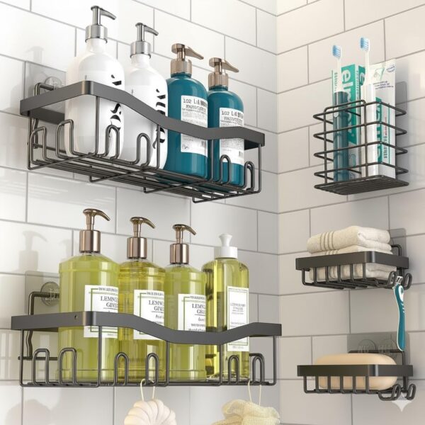 Luxury Bathroom Shelf Organizer - 5 Pack Set Rustproof Stainless Luxury Bathroom Shelf Organizer - 5 Pack Set Rustproof Stainless Steel Shower Caddy, No-Drilling Adhesive Wall Mounted Storage Rack for Kitchen & Bathroom, Multi-Purpose Shampoo & Soap Holder