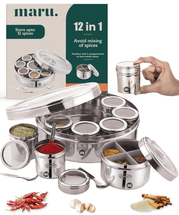 MARU Steel 12-in-1 Spice Box For Kitchen, Durable Masala Dani with Middle Partition Container & See- Through Lids, Stylish Anjarai Petti, Elegant Kitchen Storage Masala box
