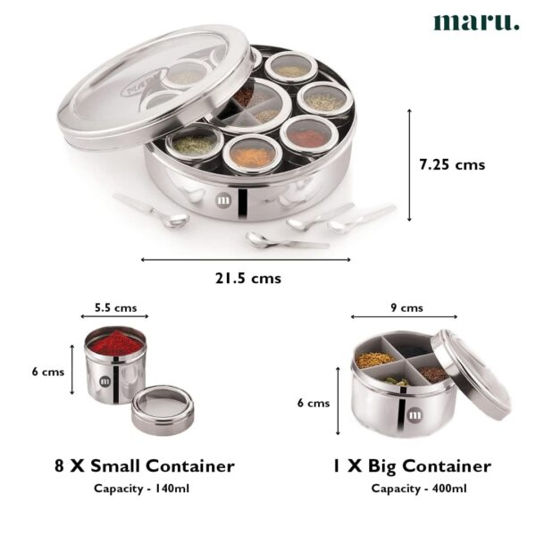 MARU Steel 12-in-1 Spice Box For Kitchen, Durable Masala Dani with Middle Partition Container & See- Through Lids, Stylish Anjarai Petti, Elegant Kitchen Storage Masala box
