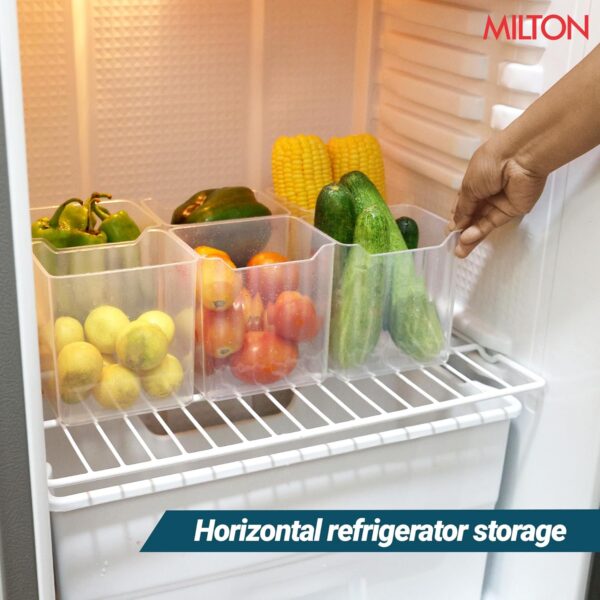 MILTON Cryo Fridge Storage Containers for Door - Set of 6, Stackable, Space-Saving Transparent Plastic Containers with Waterproof Stickers, Multipurpose Kitchen Organizer for Fruits, Vegetables & More