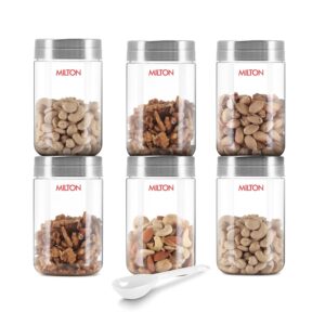 MILTON Steel Seal 500 Plastic Storage Jar and Container Set MILTON Steel Seal 500 Plastic Storage Jar and Container Set of 6, 490ml each, Airtight Steel Lid & BPA Free Containers with Spoon For Kitchen Storage, Grocery Organising, Multipurpose Modular, Clear