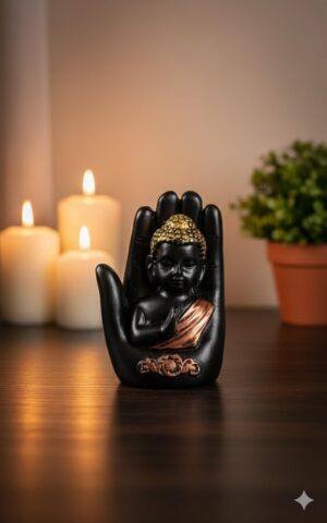 Meditating Buddha Statue in Hand Showpiece for Home Decor | Black & Gold Resin Buddha Idol for Living Room, Office, Table Decor & Gift Item (Pack of 4)