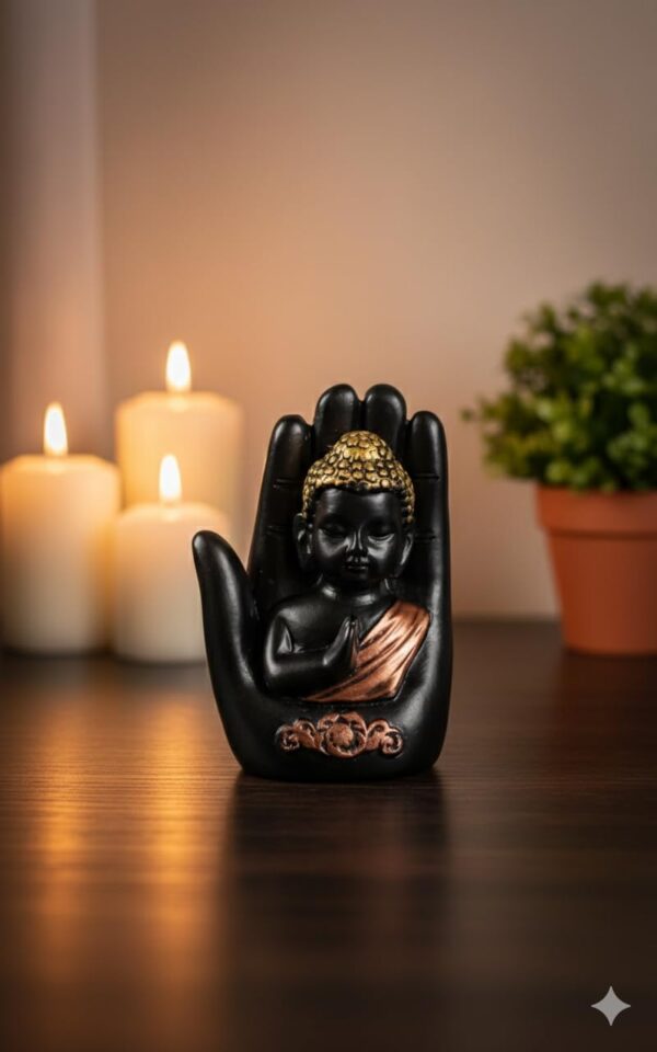 Meditating Buddha Statue in Hand Showpiece for Home Decor | Black & Gold Resin Buddha Idol for Living Room, Office, Table Decor & Gift Item (Pack of 4)