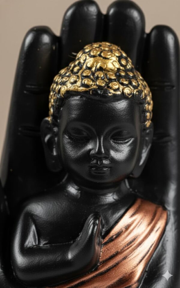 Meditating Buddha Statue in Hand Showpiece for Home Decor | Black & Gold Resin Buddha Idol for Living Room, Office, Table Decor & Gift Item (Pack of 4)