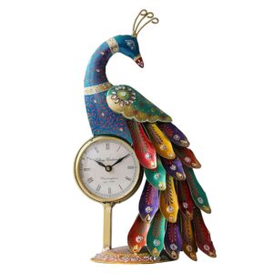 Metal Peacock Showpiece with Table Clock | Decorative Iron Peacock Table Decor with Analog Clock | Desk Accent for Living Room | Traditional Home Decoration Item for Gift Option