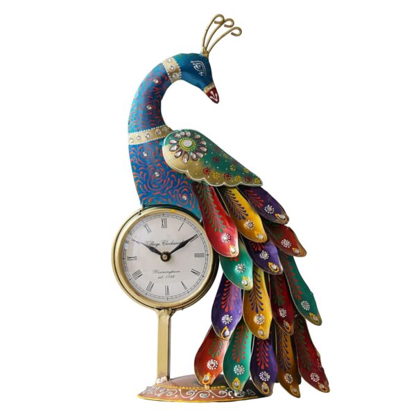 Metal Peacock Showpiece with Table Clock | Decorative Iron Peacock Table Decor with Analog Clock | Desk Accent for Living Room | Traditional Home Decoration Item for Gift Option