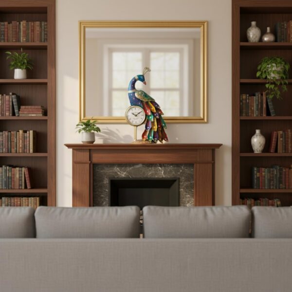 Metal Peacock Showpiece with Table Clock | Decorative Iron Peacock Table Decor with Analog Clock | Desk Accent for Living Room | Traditional Home Decoration Item for Gift Option