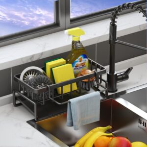 Metal Sponge Holder for Kitchen Sink – Auto-Draining Sink Organizer Metal Sponge Holder for Kitchen Sink – Auto-Draining Sink Organizer Caddy with Soap Tray, Dish Brush & Towel-Bar Holder, Kitchen Storage Rack (BLACK)