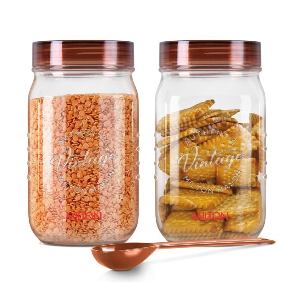 Milton Vintage Airtight Containers with Spoons for Kitchen Storage Food Milton Vintage Airtight Containers with Spoons for Kitchen Storage Food Grade Plastic, Stackable & Transparent Organizer Jars, Masala Dabba, Set of 2 (2 Litres each) for Tea, Coffee, Sugar, Dry Fruits
