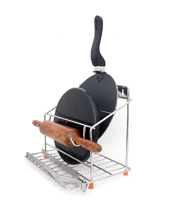 Mk home Stainless Steel Chakla Belan Tawa Chimta Stand 4 Mk home Stainless Steel Chakla Belan Tawa Chimta Stand 4 in 1 Multipurpose Kitchen Rack Rust Free Rolling Pin Board Holder Wall Mount Tawa Stand Organizer for Modular Kitchen