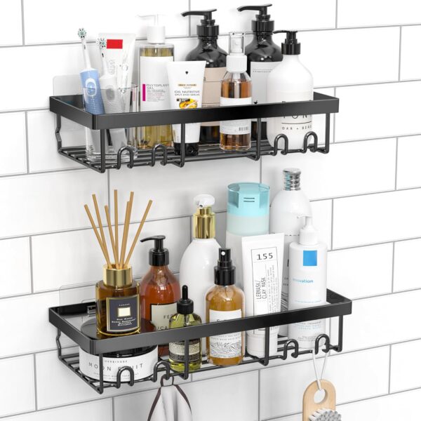Moforoco Bathroom Accessories with Hooks | Self Adhesive Bathroom Shelf Moforoco Bathroom Accessories with Hooks | Self Adhesive Bathroom Shelf for Wall | Washroom Organiser Made of Strong Quality Metal (Black-Pack of 2)