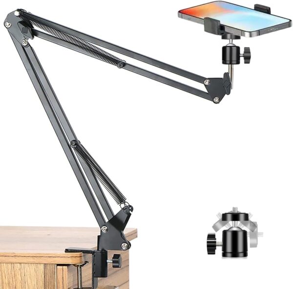MountPro K10 Overhead Video Stand for Phone with Adjustable Lazy MountPro K10 Overhead Video Stand for Phone with Adjustable Lazy Arm, 360° Rotating Metal Desk Clamp Stand for Video Recording, Streaming, Cooking, Craft, Art, Desk & Content Creation (Black)