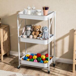Multipurpose Foldable Kitchen Storage Trolley | Heavy Metal 3-Tier Utility Multipurpose Foldable Kitchen Storage Trolley | Heavy Metal 3-Tier Utility Cart for Storage | Portable Cart for Kitchen, Bedroom, Office | Kitchen Rack with Lockable Wheels (White)