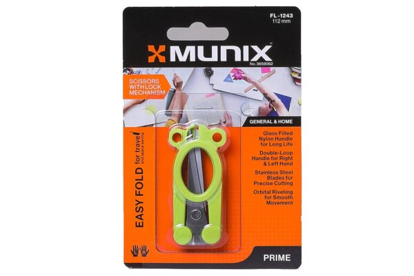 Munix FL-1243 112 mm / 4.4" Stainless Steel Foldable Scissors | Pointed Tip Blade with Lock Mechanism | Asymmetrical Handles for Easy Grip | Blue & Green, Pack of 2 - Color May Vary