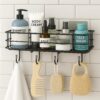 NAMUVA Stainless Steel Bathroom & Kitchen Shelf with 4 Hooks | Self Adhesive Wall Mounted Organizer Rack Black Rust Proof Storage Drill Free Space Saving Holder for Bathroom Home – Pack of 1 CED