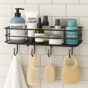 NAMUVA Stainless Steel Bathroom & Kitchen Shelf with 4 Hooks NAMUVA Stainless Steel Bathroom & Kitchen Shelf with 4 Hooks | Self Adhesive Wall Mounted Organizer Rack Black Rust Proof Storage Drill Free Space Saving Holder for Bathroom Home – Pack of 1 CED
