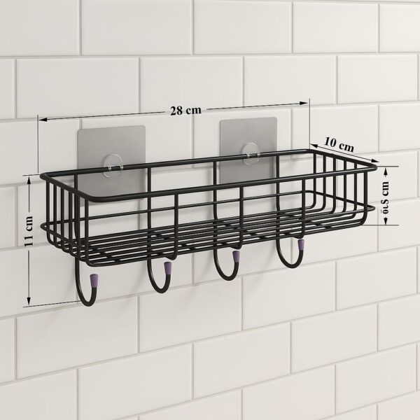 NAMUVA Stainless Steel Bathroom & Kitchen Shelf with 4 Hooks | Self Adhesive Wall Mounted Organizer Rack Black Rust Proof Storage Drill Free Space Saving Holder for Bathroom Home – Pack of 1 CED