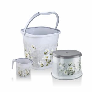 Nayasa Square Ring Marble Plastic Set for Bathroom | 25 Nayasa Square Ring Marble Plastic Set for Bathroom | 25 Liters Bucket & 1.5 Liters Mug | Bathroom Set of 3 | Accessories Set | Bucket and Mug with Stool | Grey