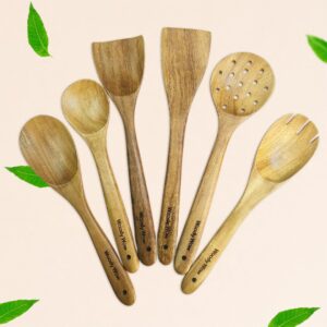 Neem Cooking Utensil Set | Regular Wooden Kitchen Tools for Cooking & Serving | Wooden Spatula, Spoons, Skimmer & Salad Server | Eco-Friendly Neem Wood Utensils (6)