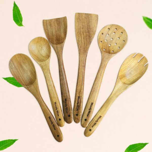 Neem Cooking Utensil Set | Regular Wooden Kitchen Tools for Neem Cooking Utensil Set | Regular Wooden Kitchen Tools for Cooking & Serving | Wooden Spatula, Spoons, Skimmer & Salad Server | Eco-Friendly Neem Wood Utensils (6)