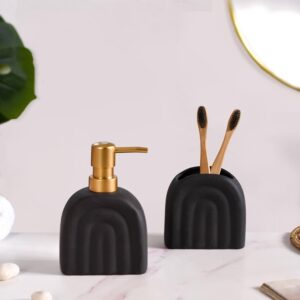 Nestasia Ceramic Bathroom Accessories Set of 2 - Liquid Soap Nestasia Ceramic Bathroom Accessories Set of 2 - Liquid Soap Dispenser & Toothbrush Holder for Wash Basin & Bathroom - Matte Black Bath Set - Perfect for Gifting