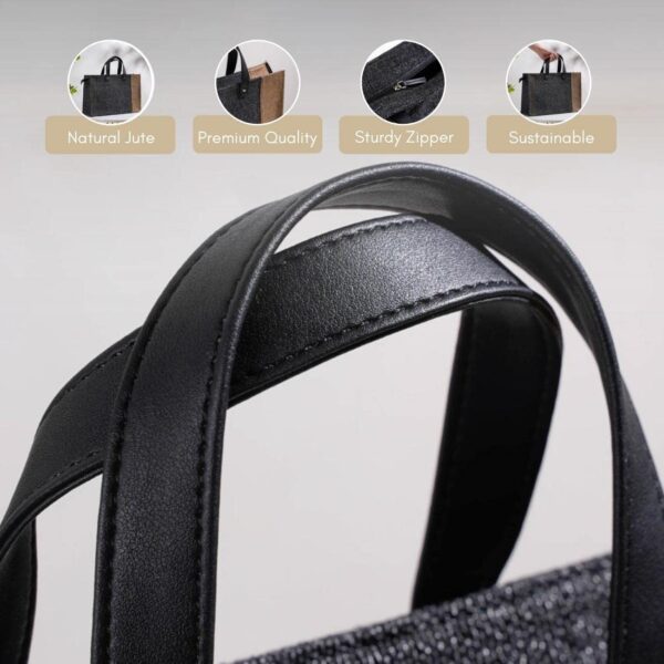 Nestasia Jute Lunch Bags for Office Women (15x10 Inch), Eco-Friendly and Washable Lunch Bags for Women and Men with Vegan Leather Handle, Black & Beige