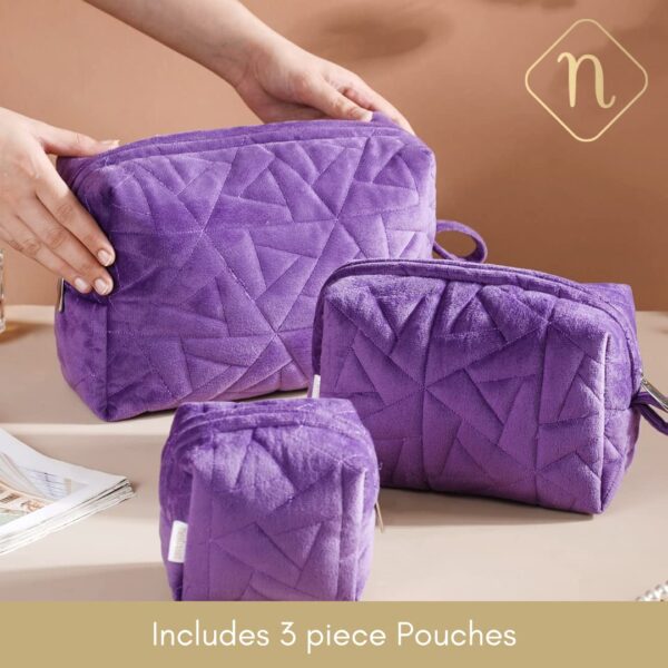 Nestasia Makeup Pouch, Organizer, Kit - Purple | Perfect for Makeup Brush Set, Toiletry Kit, Lipsticks, Foundation, Bathroom Accessories | Quilted Pouch for Girls of Different Sizes (Set of 3)