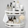 No Drill Bathroom Corner Shelf Organizer | Wall Mounted Plastic Corner Rack for Bathroom & Kitchen | 2-Tier Shelves with 4 Hooks | Rustproof, Heavy Duty Storage | White (Set of 2)