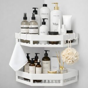 No Drill Bathroom Corner Shelf Organizer | Wall Mounted Plastic No Drill Bathroom Corner Shelf Organizer | Wall Mounted Plastic Corner Rack for Bathroom & Kitchen | 2-Tier Shelves with 4 Hooks | Rustproof, Heavy Duty Storage | White (Set of 2)