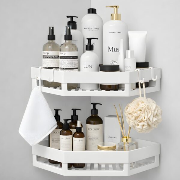 No Drill Bathroom Corner Shelf Organizer | Wall Mounted Plastic Corner Rack for Bathroom & Kitchen | 2-Tier Shelves with 4 Hooks | Rustproof, Heavy Duty Storage | White (Set of 2)