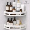 No Drill Bathroom Corner Shelf Organizer | Wall Mounted Plastic Corner Rack for Bathroom & Kitchen | 2-Tier Shelves with 4 Hooks | Rustproof, Heavy Duty Storage | White (Set of 2)