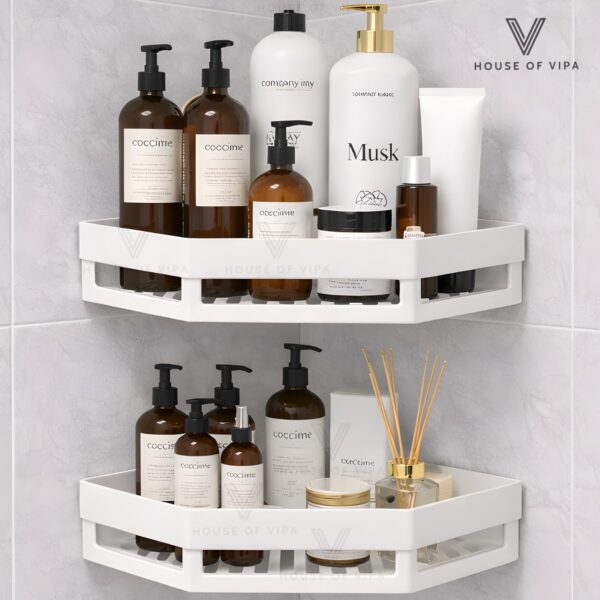 No Drill Bathroom Corner Shelf Organizer | Wall Mounted Plastic Corner Rack for Bathroom & Kitchen | 2-Tier Shelves with 4 Hooks | Rustproof, Heavy Duty Storage | White (Set of 2)